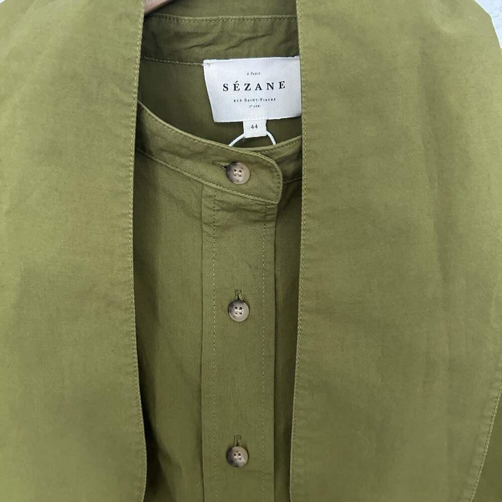 Sezane Paris Olive Button Up With Tie Collar Size 44